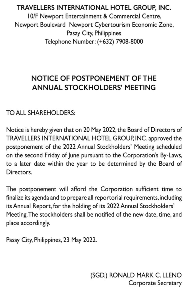 notice-of-postponement-of-the-annual-stockholders-meeting-travellers